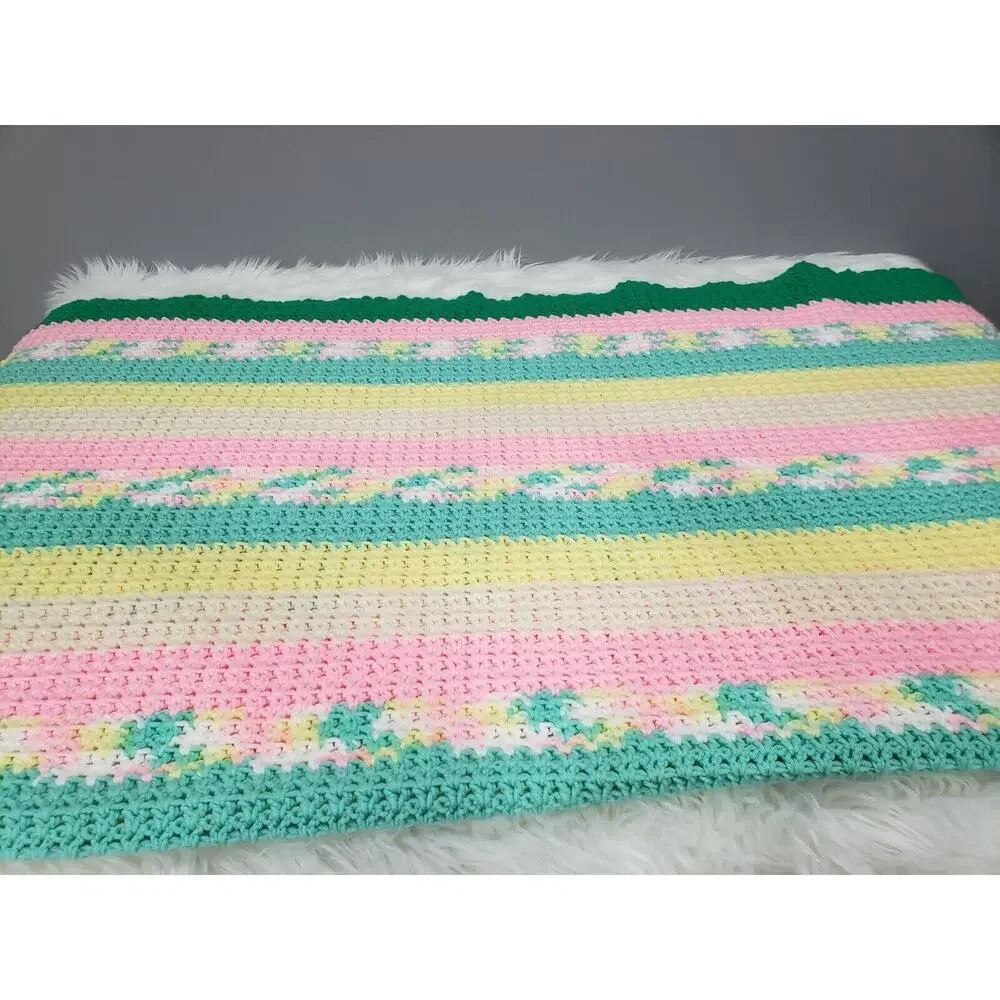 Vintage pink yellow green afghan blanket throw nursery y2k‎ bedroom decor easter